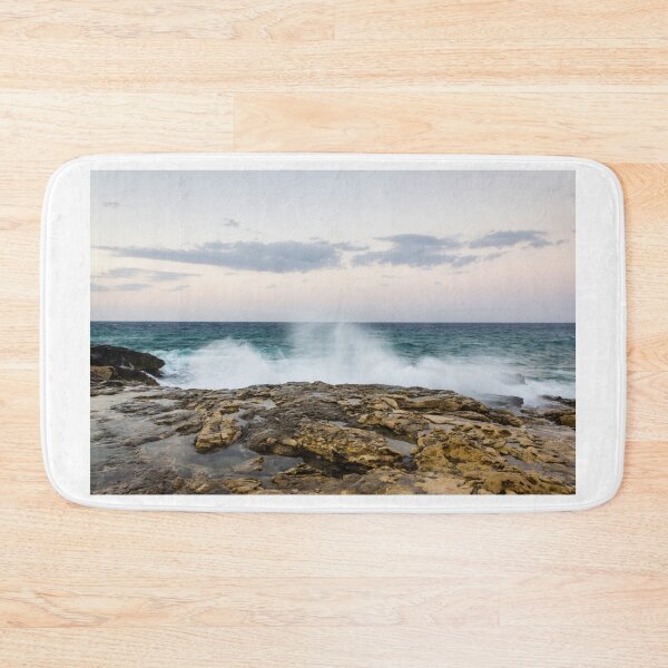 Item preview, Ocean Waves Crashing Against Rocky Shore At Dusk With Pastel Sky And Distant Horizon designed and sold by Nmallia.