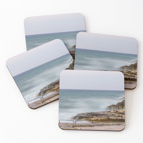 Item preview, Misty Ocean Waves Over Rocky Coastline With Metal Handrails and Steps At Sunset designed and sold by Nmallia.