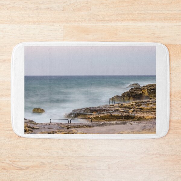 Item preview, Misty Ocean Waves Over Rocky Coastline With Metal Handrails and Steps At Sunset designed and sold by Nmallia.