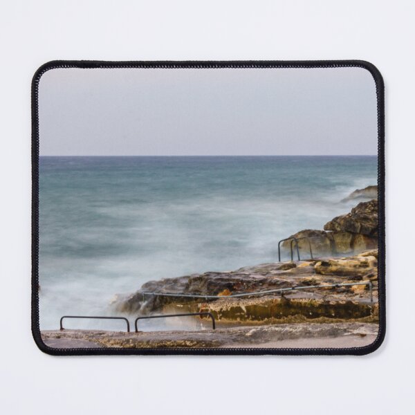 Item preview, Misty Ocean Waves Over Rocky Coastline With Metal Handrails and Steps At Sunset designed and sold by Nmallia.