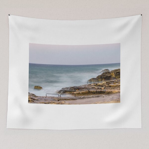 Item preview, Misty Ocean Waves Over Rocky Coastline With Metal Handrails and Steps At Sunset designed and sold by Nmallia.