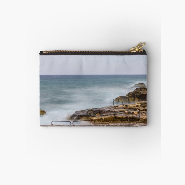 Item preview, Misty Ocean Waves Over Rocky Coastline With Metal Handrails and Steps At Sunset designed and sold by Nmallia.