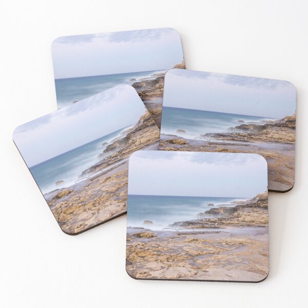 Item preview, Misty Ocean Waves Over Rocky Coastline With Metal Handrails and Steps At Sunset designed and sold by Nmallia.