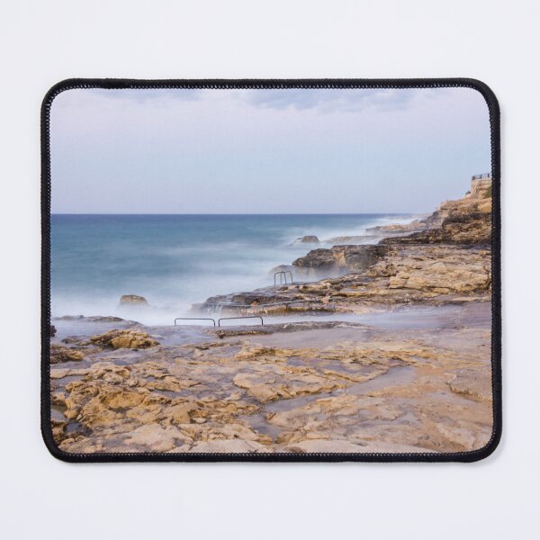 Item preview, Misty Ocean Waves Over Rocky Coastline With Metal Handrails and Steps At Sunset designed and sold by Nmallia.