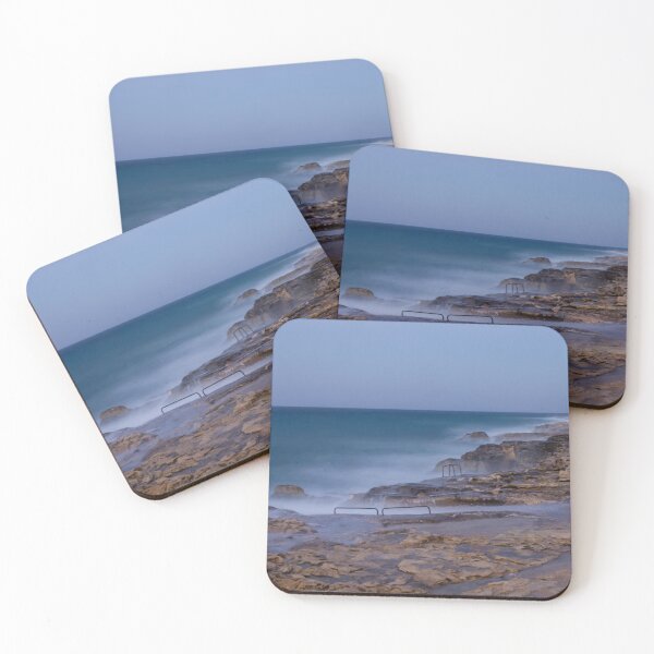 Item preview, Misty Ocean Waves Over Rocky Coastline With Metal Handrails and Steps At Sunset designed and sold by Nmallia.