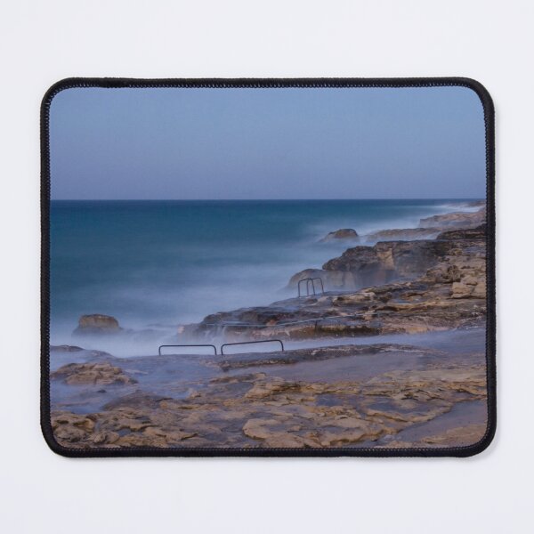 Item preview, Misty Ocean Waves Over Rocky Coastline With Metal Handrails and Steps At Sunset designed and sold by Nmallia.