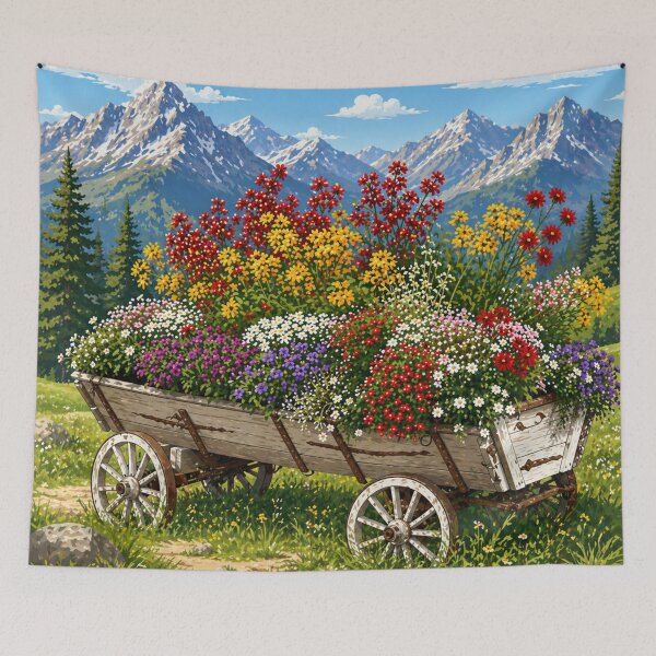 Artikelvorschau, Rustikaler Blumenwagen auf einer Bergwiese entworfen und verkauft von Myra365Art.