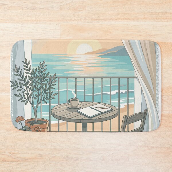 Item preview, My Kind Of Morning | Cozy Coffee Balcony Sunrise | Calm Aesthetic Beach Illustration designed and sold by AmazingEG.