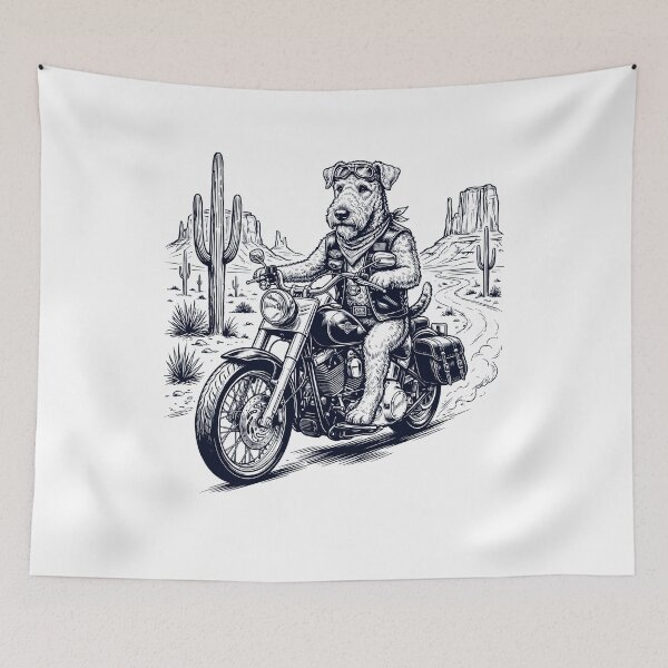 Item preview, Vintage Airedale Terrier Riding Motorbike Moto Western Cowboy Dog Lover designed and sold by DoodleTortle.