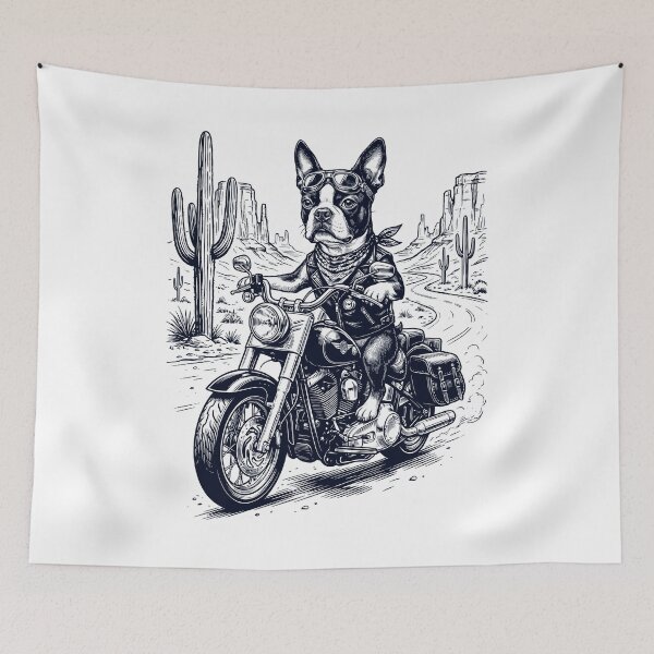 Item preview, Vintage Boston Terrier Riding Motorbike Moto Western Cowboy Dog Lover designed and sold by DoodleTortle.