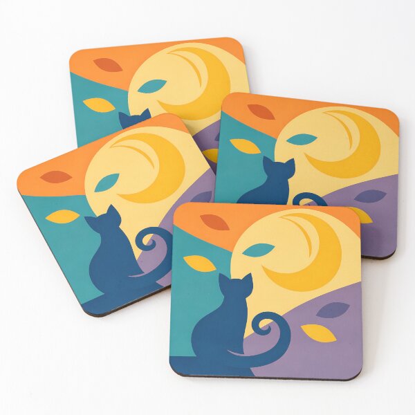 Item preview, Moonlit Cat Silhouette with Wavy Autumn Shapes designed and sold by InkSmithery.