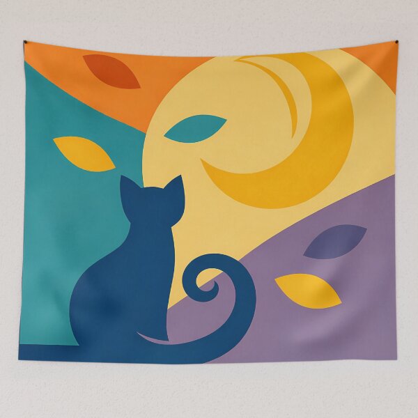 Item preview, Moonlit Cat Silhouette with Wavy Autumn Shapes designed and sold by InkSmithery.