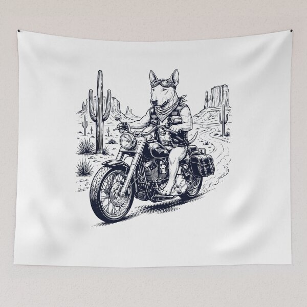 Item preview, Vintage Bull Terrier Riding Motorbike Moto Western Cowboy Dog Lover designed and sold by DoodleTortle.