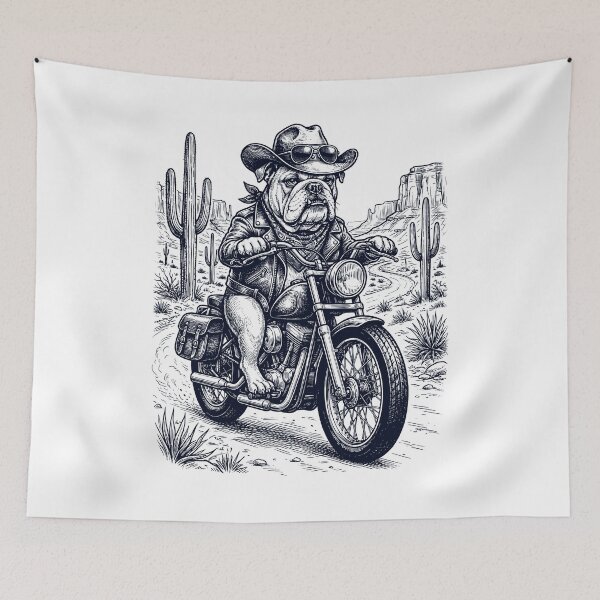 Aperçu de l'œuvre Vintage Bulldog Riding Motorbike Moto Western Cowboy Dog Lover créée et vendue par DoodleTortle.