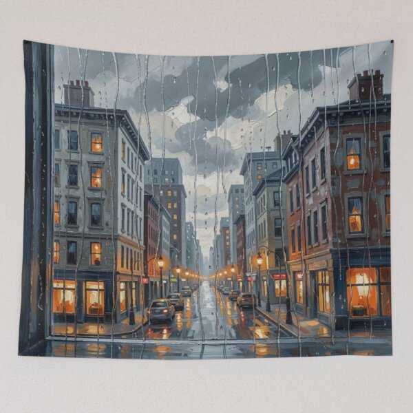 Item preview, Rainy City Street in Jane Davie Style with Soft Lights and Urban Reflections designed and sold by FotoworldEdel.