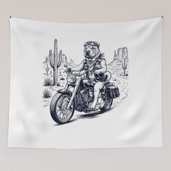 Item preview, Vintage Chinese Shar Pei Riding Motorbike Moto Western Cowboy Dog Lover designed and sold by DoodleTortle.