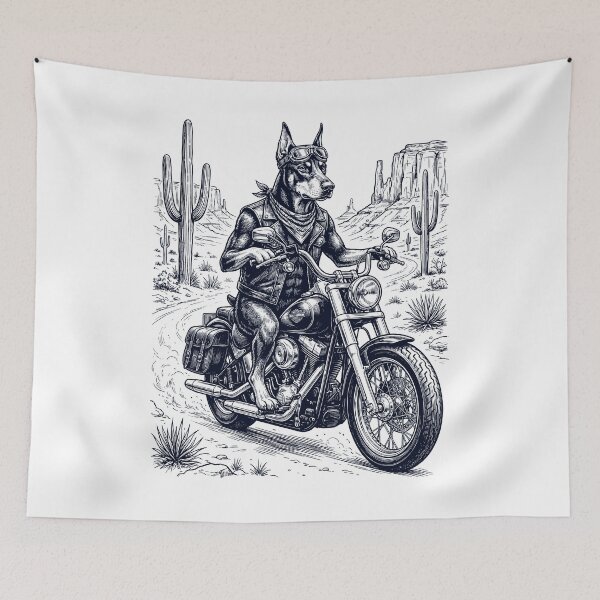 Item preview, Vintage Doberman Pinscher Riding Motorbike Moto Western Cowboy Dog Lover designed and sold by DoodleTortle.