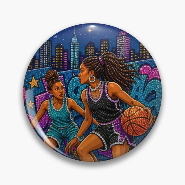 Artikelvorschau, Damenbasketball im „Bedazzled-Look“-Graffiti-Stil, nächtliche Skyline, Streetball entworfen und verkauft von ActOnyx Designs.