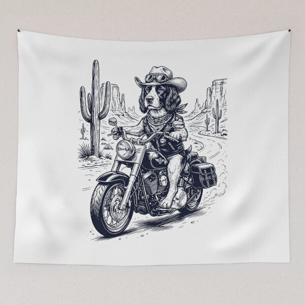 Item preview, Vintage English Springer Spaniel Riding Motorbike Moto Western Cowboy Dog Lover designed and sold by DoodleTortle.