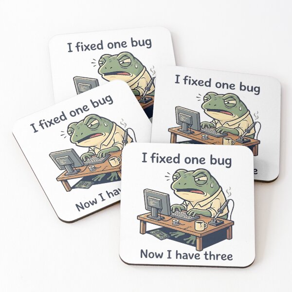 Item preview, Funny Programmer Frog “I Fixed One Bug Now I Have Three” Coding Meme designed and sold by Urben Loop.