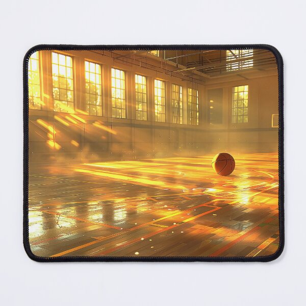 Item preview, basketball court basks in the warm glow of sunlight streaming through windows, casting dramatic shadows designed and sold by CheerForGoods.