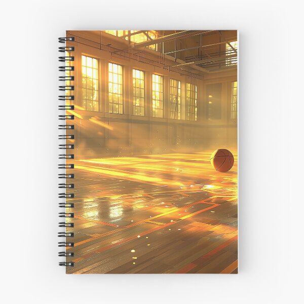 Item preview, basketball court basks in the warm glow of sunlight streaming through windows, casting dramatic shadows designed and sold by CheerForGoods.