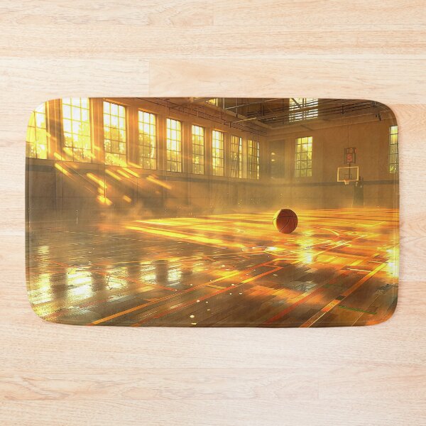 Item preview, basketball court basks in the warm glow of sunlight streaming through windows, casting dramatic shadows designed and sold by CheerForGoods.
