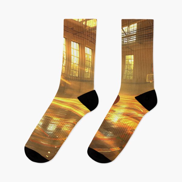 Item preview, basketball court basks in the warm glow of sunlight streaming through windows, casting dramatic shadows designed and sold by CheerForGoods.