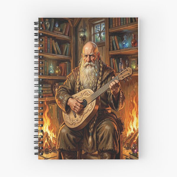Item preview, Stoic Dwarven Elder with Rune Beard Playing Moonwood Lute by Warm Fireplace in Cozy Fantasy Room designed and sold by FotoworldEdel.