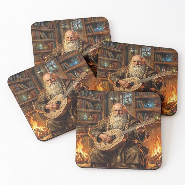 Item preview, Stoic Dwarven Elder with Rune Beard Playing Moonwood Lute by Warm Fireplace in Cozy Fantasy Room designed and sold by FotoworldEdel.