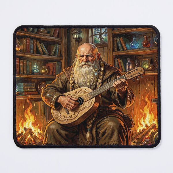 Item preview, Stoic Dwarven Elder with Rune Beard Playing Moonwood Lute by Warm Fireplace in Cozy Fantasy Room designed and sold by FotoworldEdel.