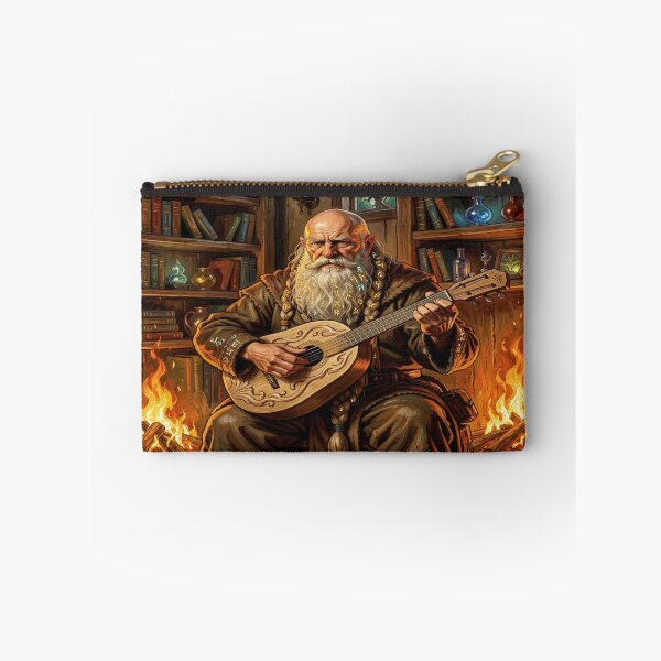 Item preview, Stoic Dwarven Elder with Rune Beard Playing Moonwood Lute by Warm Fireplace in Cozy Fantasy Room designed and sold by FotoworldEdel.