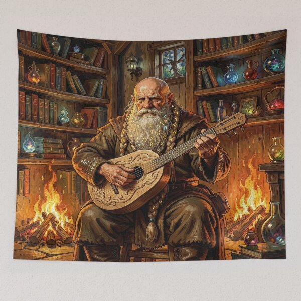 Item preview, Stoic Dwarven Elder with Rune Beard Playing Moonwood Lute by Warm Fireplace in Cozy Fantasy Room designed and sold by FotoworldEdel.
