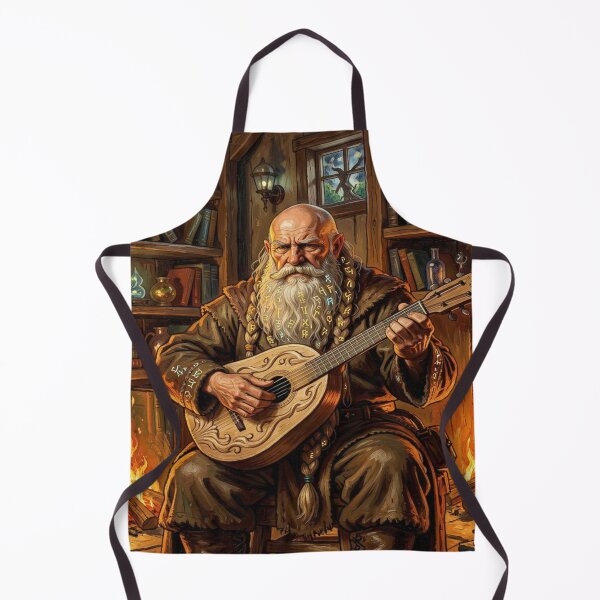 Item preview, Stoic Dwarven Elder with Rune Beard Playing Moonwood Lute by Warm Fireplace in Cozy Fantasy Room designed and sold by FotoworldEdel.