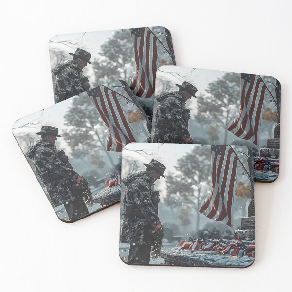 Item preview, a grizzled veteran, paying tribute to a war memorial by placing a wreath at its base. The scene is set in a memorial park. designed and sold by CheerForGoods.