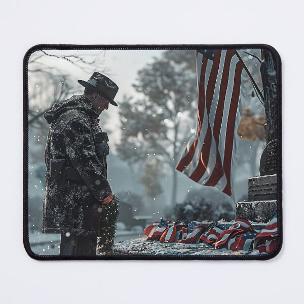 Item preview, a grizzled veteran, paying tribute to a war memorial by placing a wreath at its base. The scene is set in a memorial park. designed and sold by CheerForGoods.
