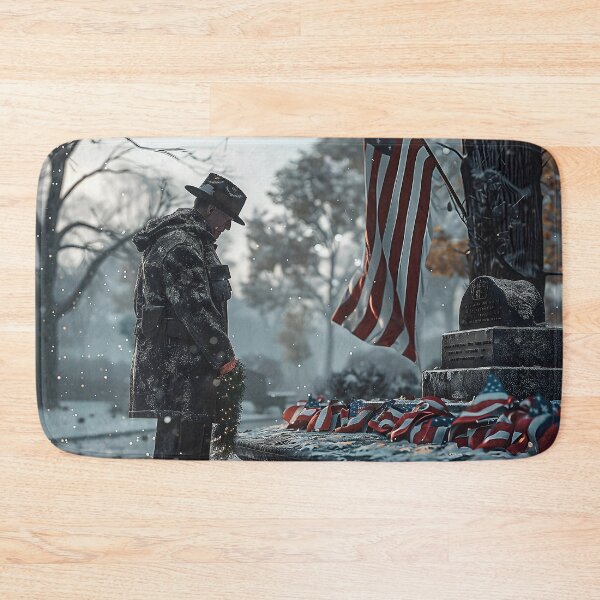 Item preview, a grizzled veteran, paying tribute to a war memorial by placing a wreath at its base. The scene is set in a memorial park. designed and sold by CheerForGoods.