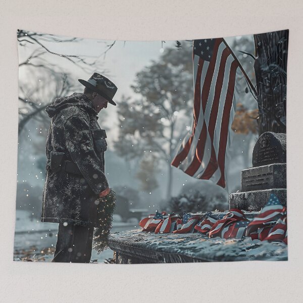 Item preview, a grizzled veteran, paying tribute to a war memorial by placing a wreath at its base. The scene is set in a memorial park. designed and sold by CheerForGoods.
