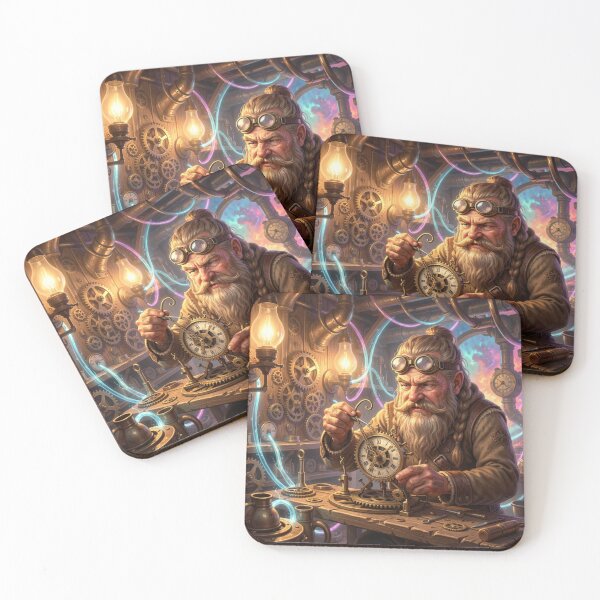 Item preview, Mystical Dwarf Tinkerer in Steampunk Workshop with Gears, Tools and Glowing Energy Conduits designed and sold by FotoworldEdel.