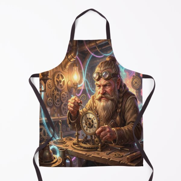 Item preview, Mystical Dwarf Tinkerer in Steampunk Workshop with Gears, Tools and Glowing Energy Conduits designed and sold by FotoworldEdel.