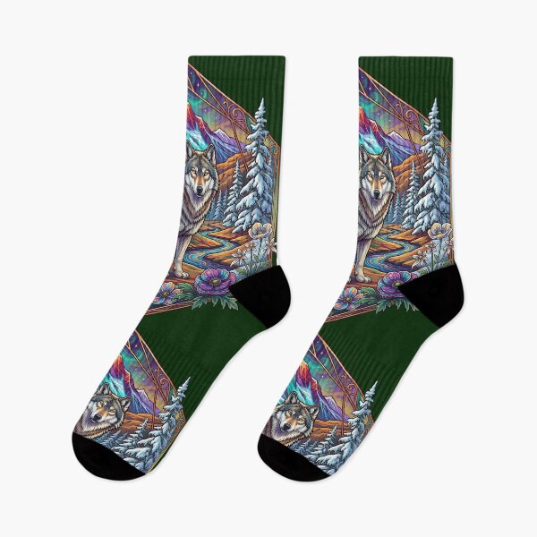 Item preview, Mystical Wolf in Winter Mountain Valley - Aesthetic Stained Glass Floral Art designed and sold by artscripts.