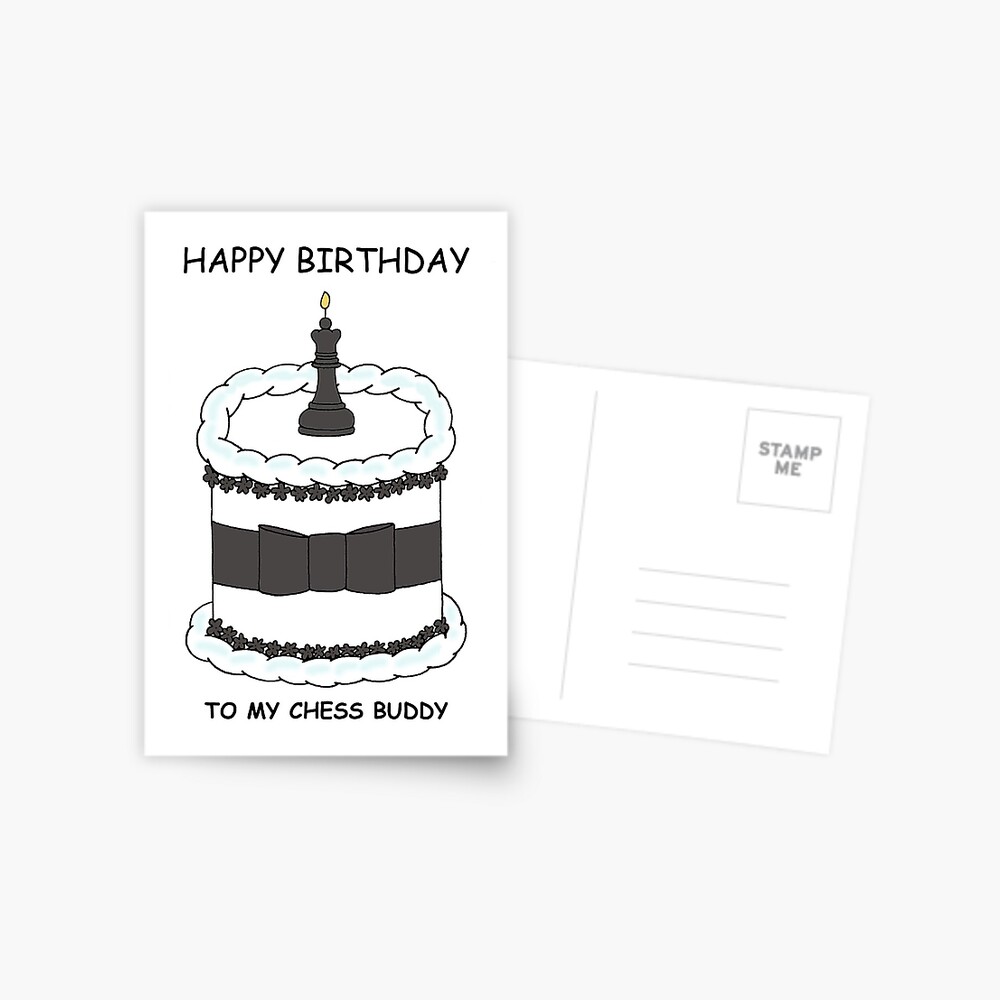 Carte De Vœux Gateau De Dessin Anime De Copain D Echecs Joyeux Anniversaire Avec Bougie De Piece D Echecs Par Katetaylor Redbubble