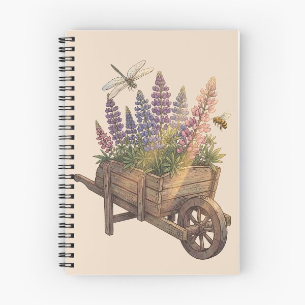 Item preview, Vintage Garden Wheelbarrow with Wildflowers Lupine and Insects designed and sold by MythicCotton.
