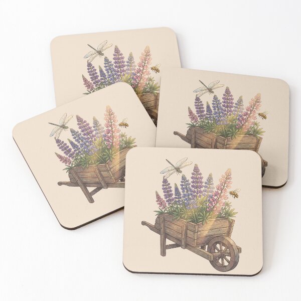 Item preview, Vintage Garden Wheelbarrow with Wildflowers Lupine and Insects designed and sold by MythicCotton.