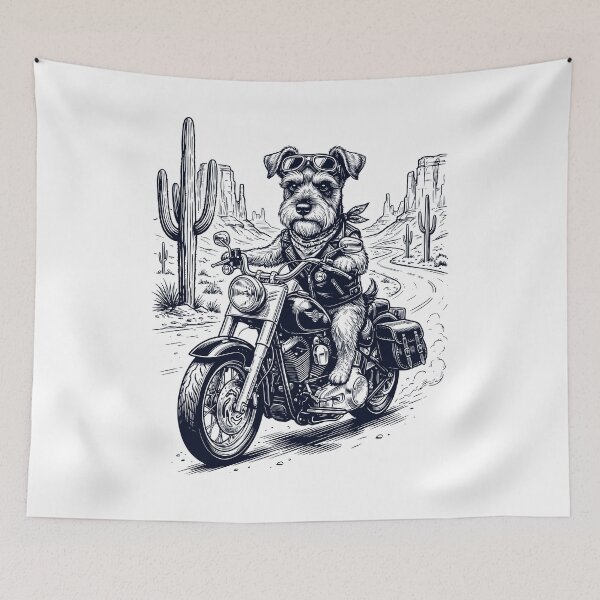 Item preview, Vintage Miniature Schnauzer Riding Motorbike Moto Western Cowboy Dog Lover designed and sold by DoodleTortle.