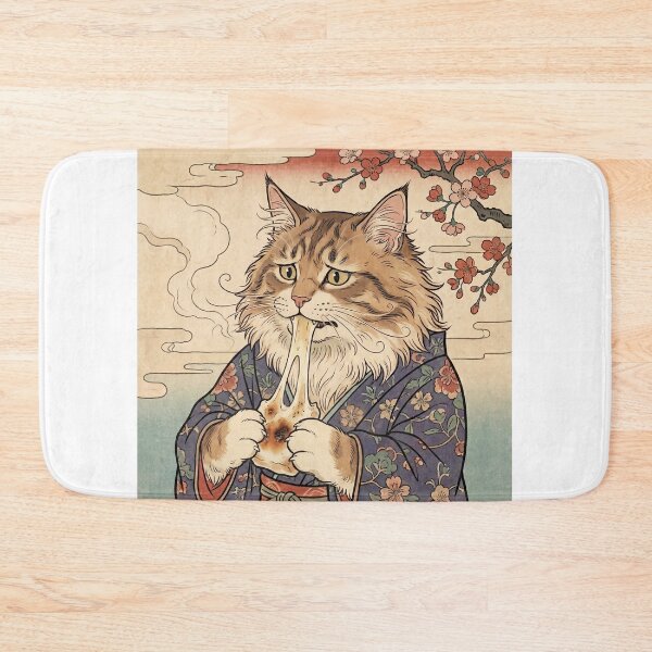 Item preview, Maine Coon Cat Struggling with Stretchy Mochi — Neko no Mochi Nangi Zu | Japanese Ukiyo-e Cat Art designed and sold by Ukiyo Neko Hyakkei - Cats of the Floating World-.