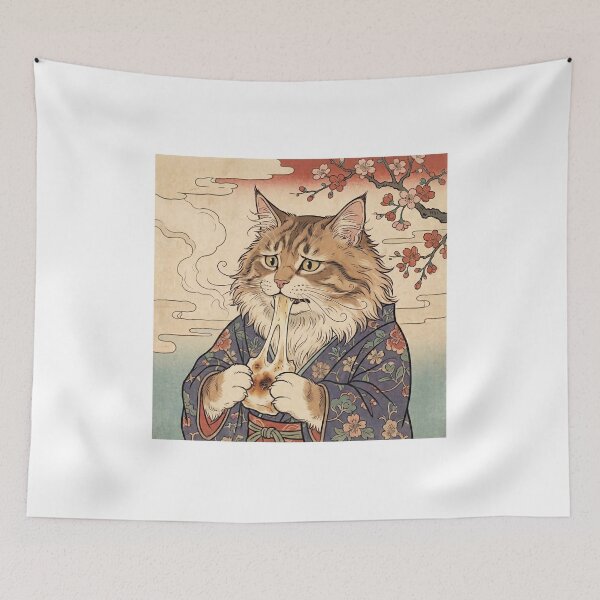Item preview, Maine Coon Cat Struggling with Stretchy Mochi — Neko no Mochi Nangi Zu | Japanese Ukiyo-e Cat Art designed and sold by Ukiyo Neko Hyakkei - Cats of the Floating World-.