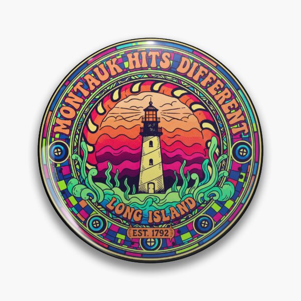 Item preview, Montauk Hits Different Vintage Lighthouse Retro Sunset Badge designed and sold by FitEnvy.