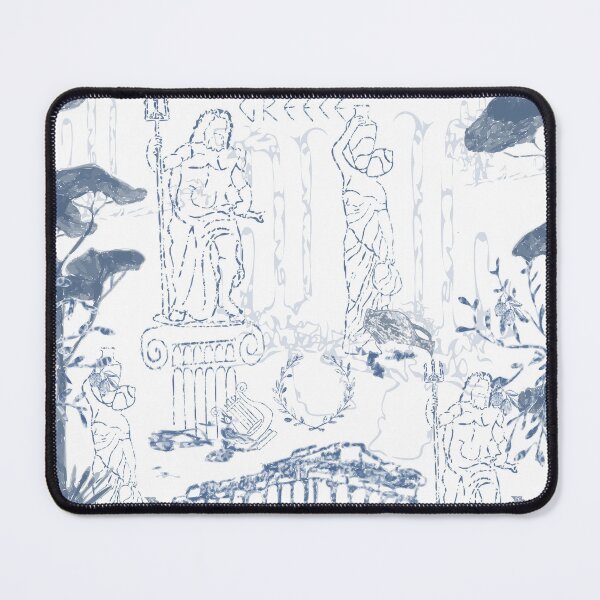 Item preview, Elegant toile-style seamless pattern inspired by Ancient Greece, featuring classical statues, Greek columns, amphora vases, olive trees, laurel wreaths, and temple ruins in soft blue monochrome . designed and sold by TaniaArtDesign.