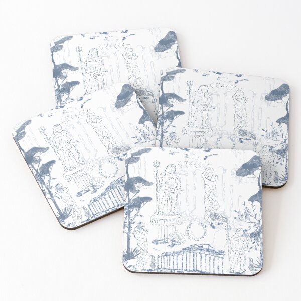 Item preview, Elegant toile-style seamless pattern inspired by Ancient Greece, featuring classical statues, Greek columns, amphora vases, olive trees, laurel wreaths, and temple ruins in soft blue monochrome . designed and sold by TaniaArtDesign.